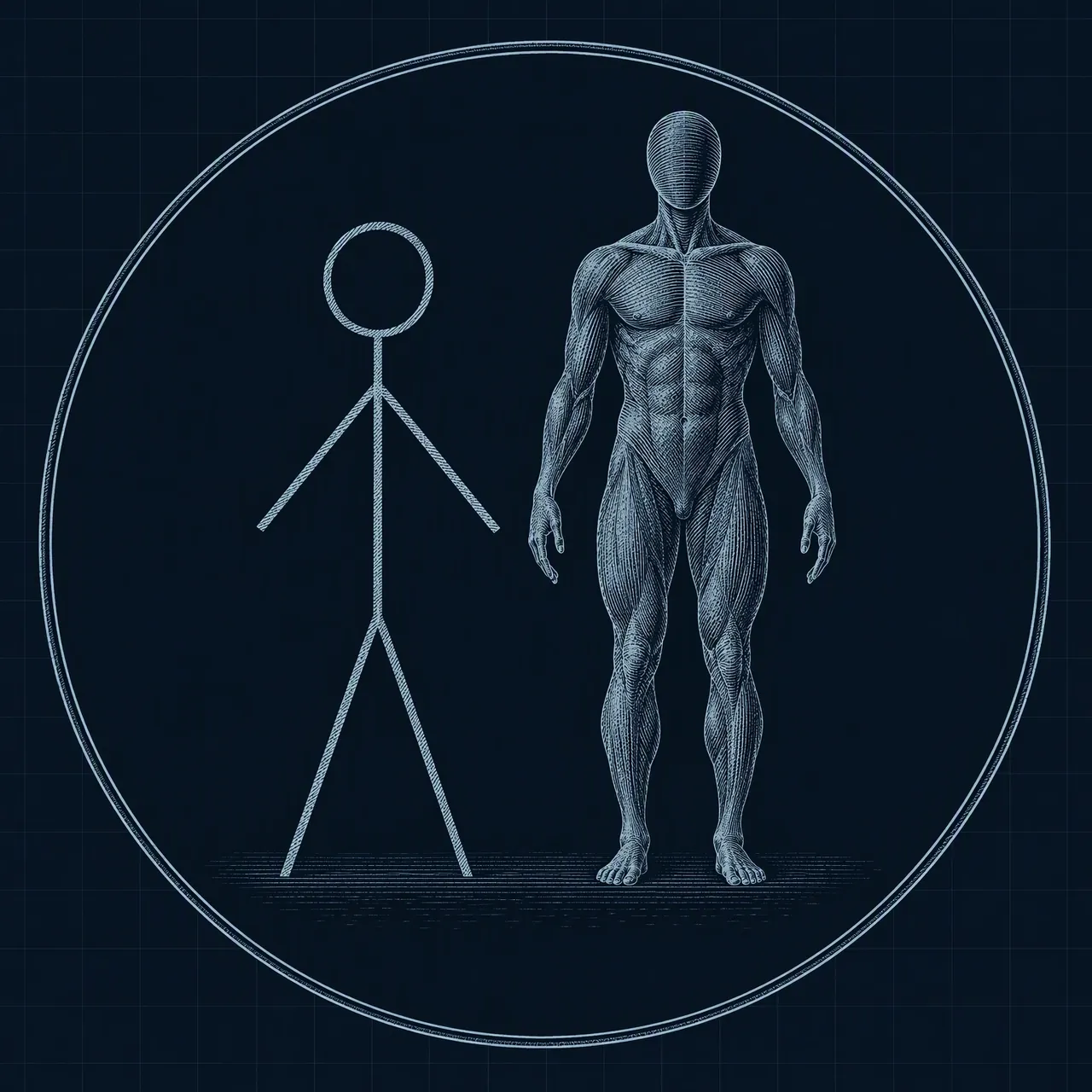 示意图:一个简笔小人与一个精细的人体轮廓