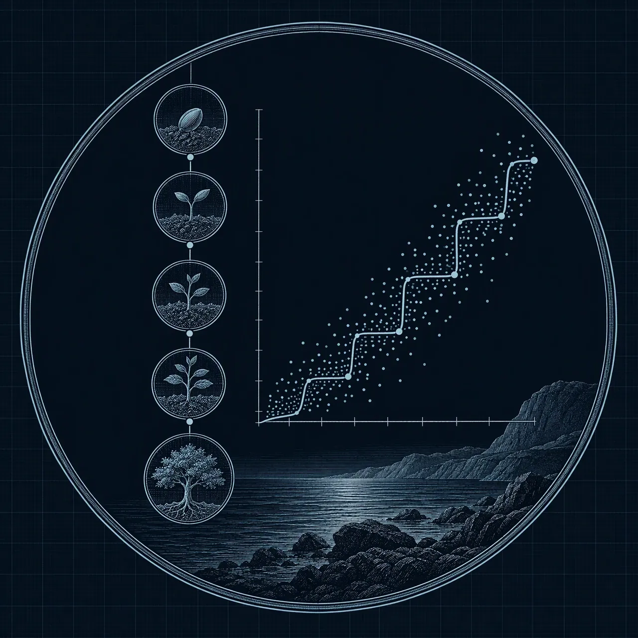 示意徽章:一列试验节点与一条阶梯状曲线
