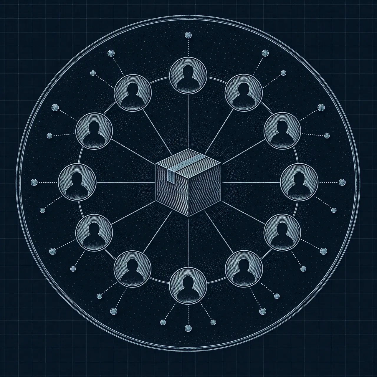示意徽章:一件新品被一圈消费者节点包围